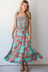 Green Abstract Print Smocked Bodice Knotted Straps Ruffled Maxi Dress